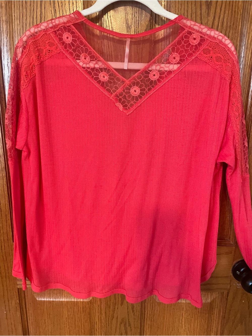 Free People Coral Lace-Trim Long Sleeve Tee